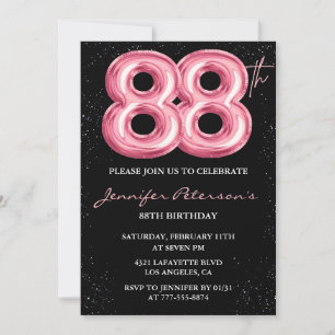 Black Pink Balloon Glam Glitter 88th birthday Invitation