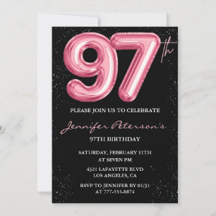 Black Pink Balloon Glam Glitter 97th birthday Invitation
