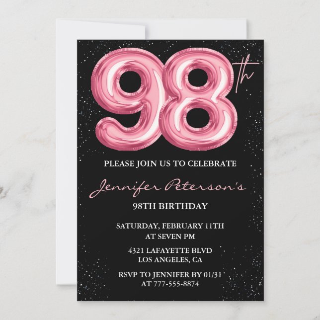 Black Pink Balloon Glam Glitter 98th birthday Invitation (Front)