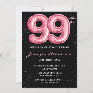 Black Pink Balloon Glam Glitter 99th birthday Invitation