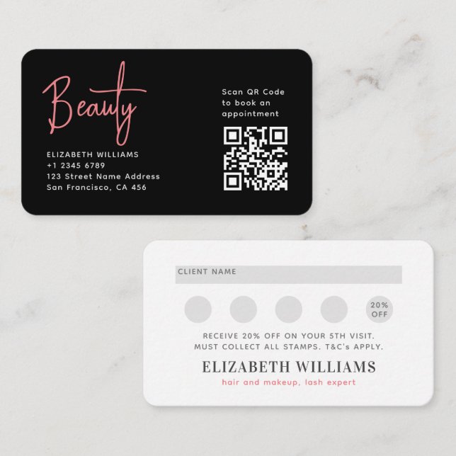 Black Pink Beauty Professional QR Code Loyalty Business Card (Front/Back)