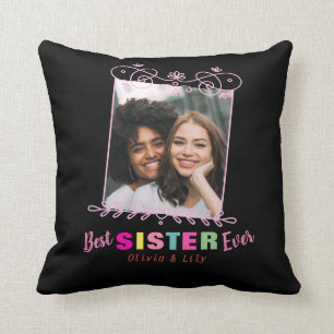 Black Pink Best Sister Ever BFF Photo Collage Cushion