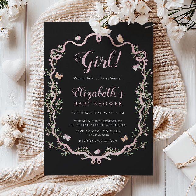 Black & Pink Blossom Floral Girl Baby Shower Invitation (Creator Uploaded)