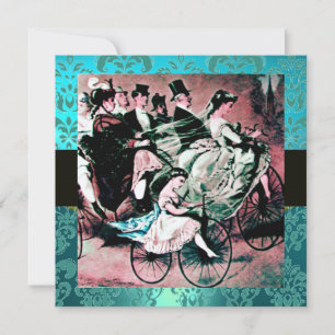 BLACK PINK BLUE BICYCLE WEDDING DAMASK MONOGRAM INVITATION