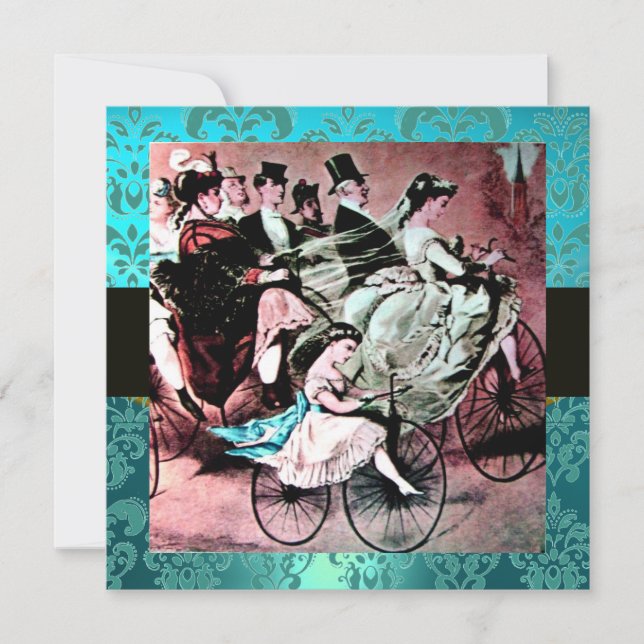 BLACK PINK BLUE BICYCLE WEDDING DAMASK MONOGRAM INVITATION (Front)