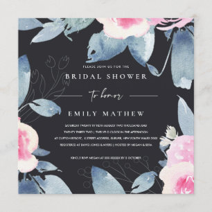 BLACK PINK BLUE FLORAL WATERCOLOR BRIDAL SHOWER INVITATION