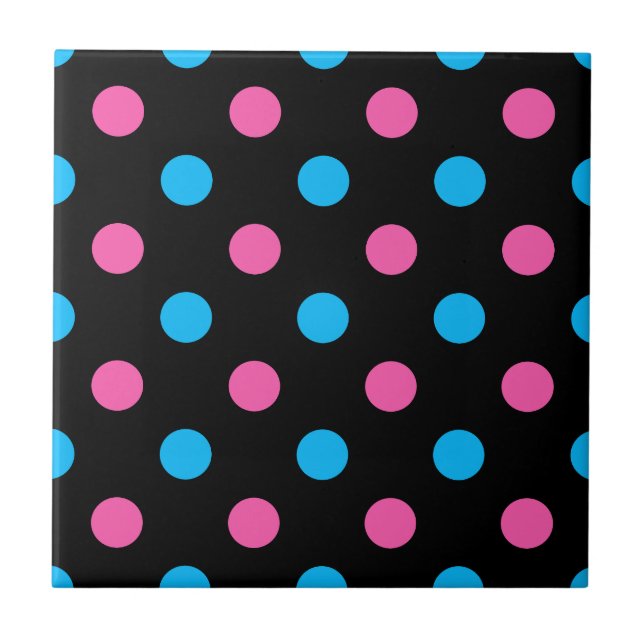 Black Pink Blue Polka Dot Pattern Ceramic Tile (Front)