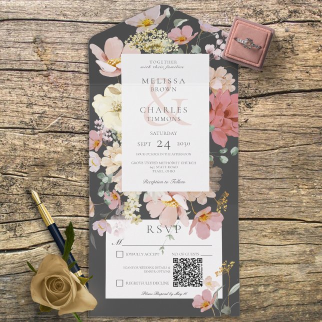 Black & Pink Blush Boho Flowers QR Code All In One Invitation (Creator Uploaded)