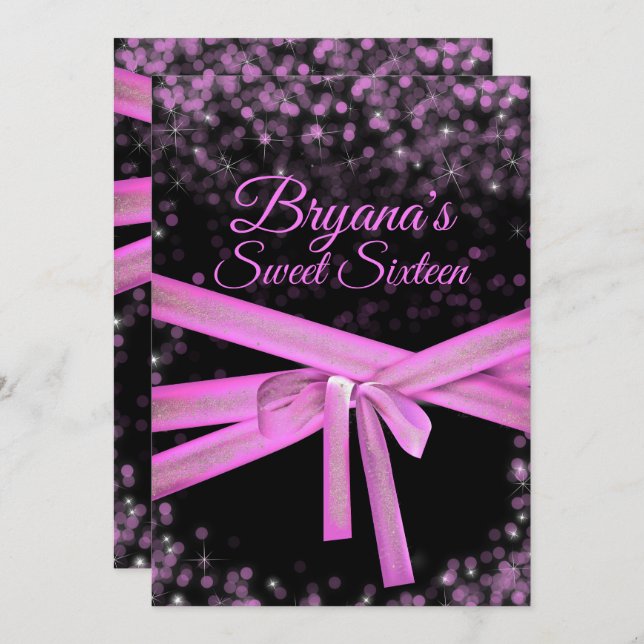 Black & Pink Bow Glitter Lights Sweet 16 Birthday Invitation (Front/Back)