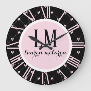 Black & Pink Bow Monogram Large Clock