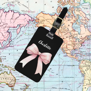 Black pink bow name script luggage tag
