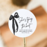 Black Pink Bow She's Tying the Knot Bridal Shower Classic Round Sticker<br><div class="desc">Add a stylish touch to your bridal shower favours with our Black Pink Bow She's Tying the Knot Bridal Shower Classic Round Sticker! Featuring a chic black design with a feminine pink bow, this elegant sticker is perfect for sealing envelopes, decorating gift bags, or adding a personal touch to your...</div>