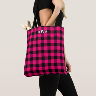 Black Pink Buffalo Plaid Monogram Tote Bag