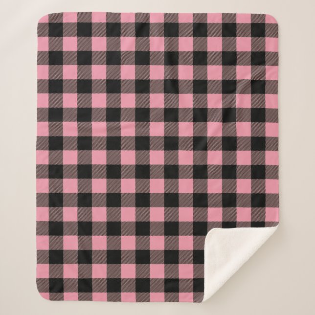 black pink buffalo plaid pattern sherpa blanket (Front)