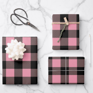 Black Pink Buffalo Plaid Pattern  Wrapping Paper Sheet