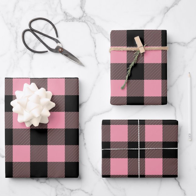 Black Pink Buffalo Plaid Pattern  Wrapping Paper Sheet (Front)