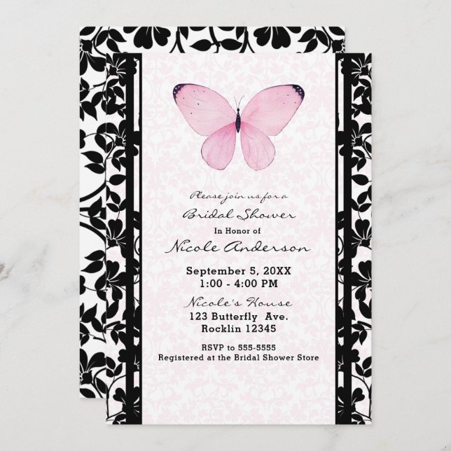 Black & Pink Butterfly Floral Bridal Shower Invitation (Front/Back)