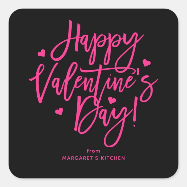 Black Pink Calligraphy Happy Valentine's Day Square Sticker (Front)