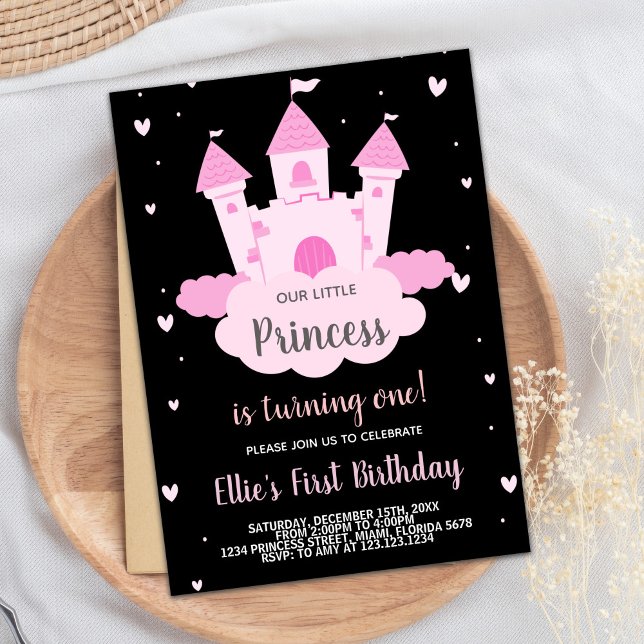 Black Pink Castle under Cloud Princess Birthday Invitation (Black Pink Castle under Cloud Princess Birthday Invitation)