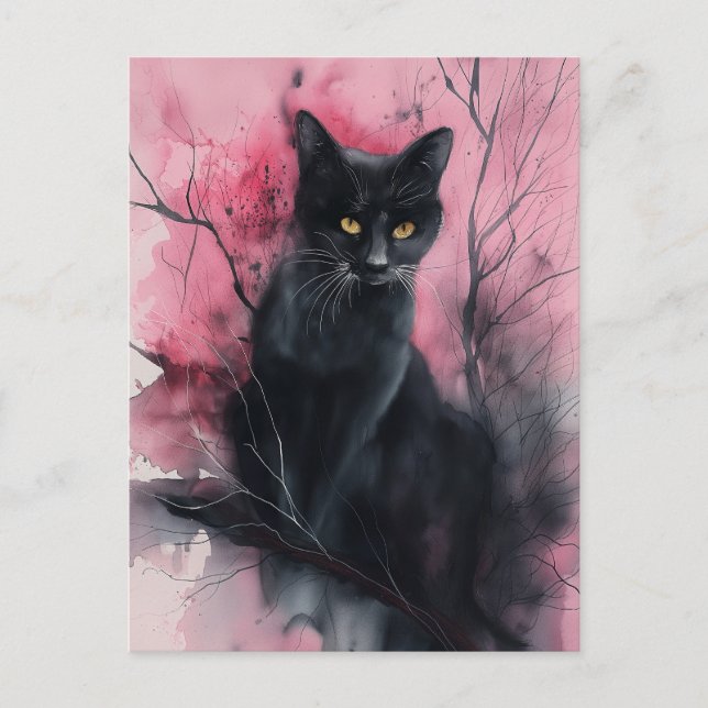 Black Pink Cat Abstract Surreal Portrait Painting Postcard (Front)