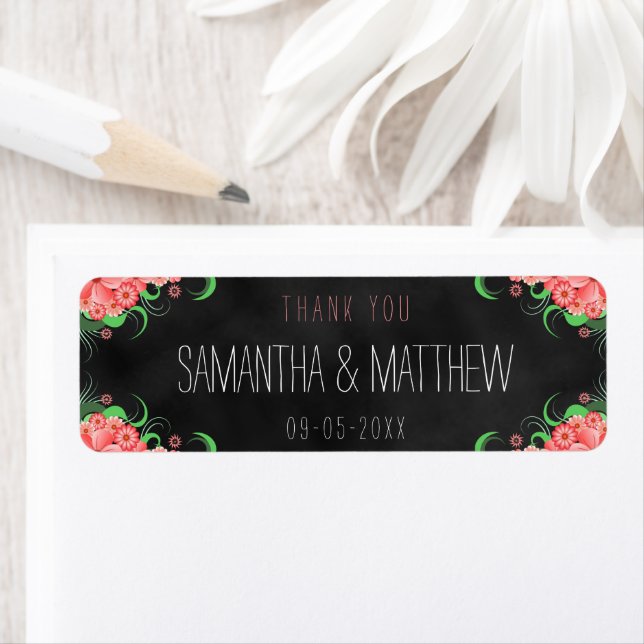 Black Pink Chalkboard Floral Wedding Favour Labels (Insitu)