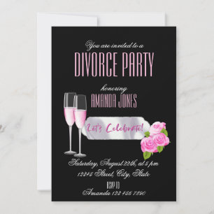 Black Pink Champagne Bubbles Divorce Party Invitation
