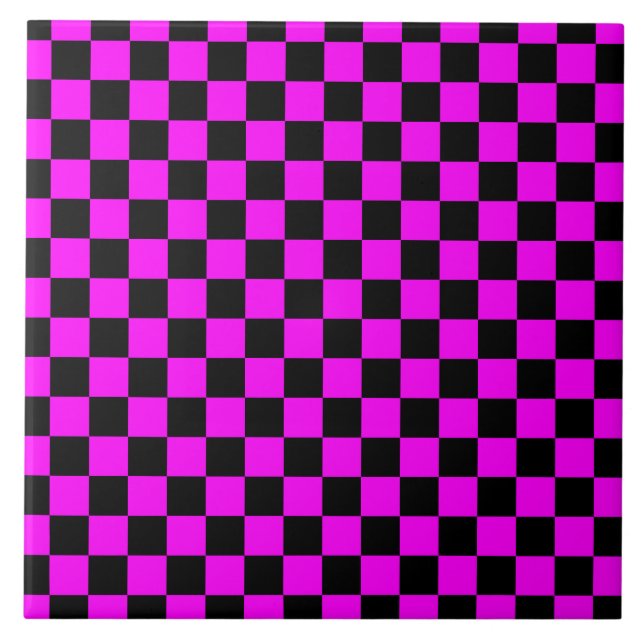 Black + Pink Check Chequered Chequerboard Pattern Ceramic Tile (Front)