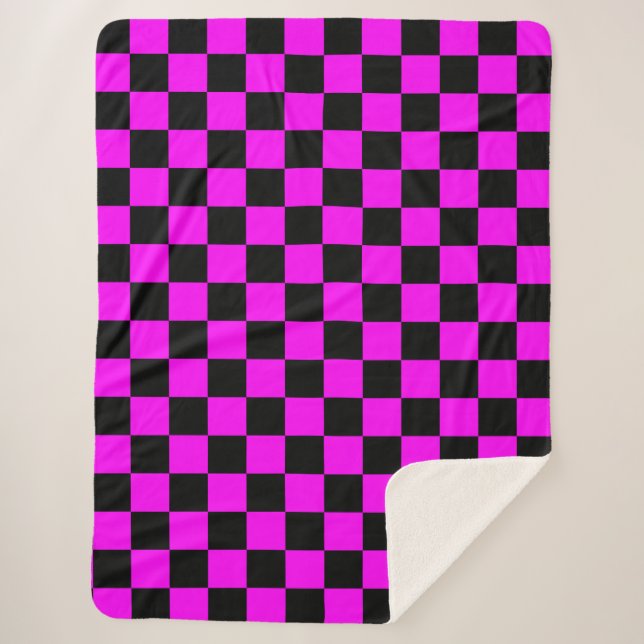 Black + Pink Check Chequered Chequerboard Pattern Sherpa Blanket (Front)