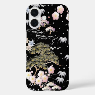Black Pink Cherry Blossom Elegant Floral  iPhone 16 Case