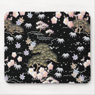 Black Pink Cherry Blossom Elegant Floral Pattern Mouse Pad