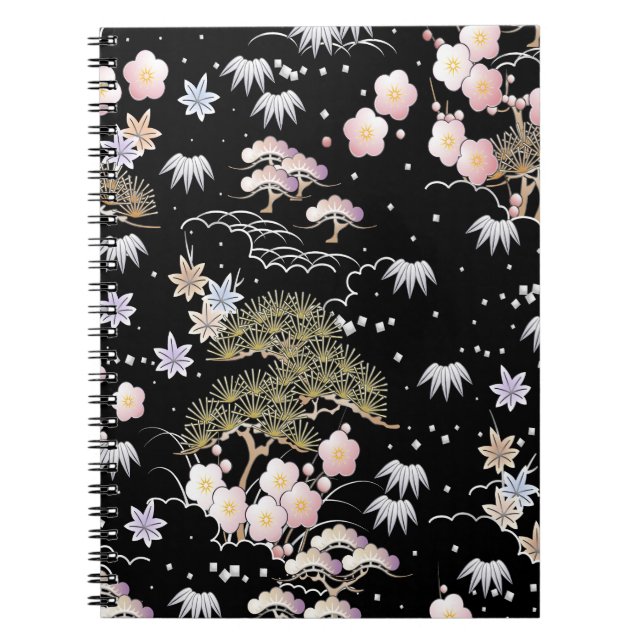 Black Pink Cherry Blossom Elegant Floral Pattern Notebook (Front)