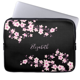 Black Pink Cherry Blossom Monogram Laptop Sleeve