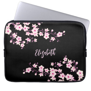 Black Pink Cherry Blossom Monogram Laptop Sleeve