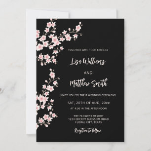Black Pink Cherry Blossom Photo Wedding Invitation