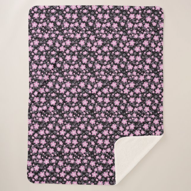 Black Pink Cherry Blossom Sherpa Blanket (Front)
