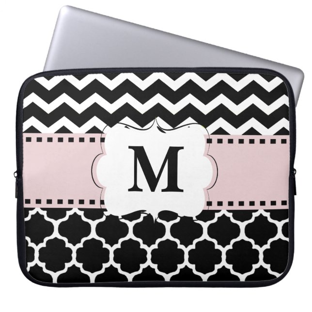 Black Pink Chevron Monogram Laptop Sleeve (Front)
