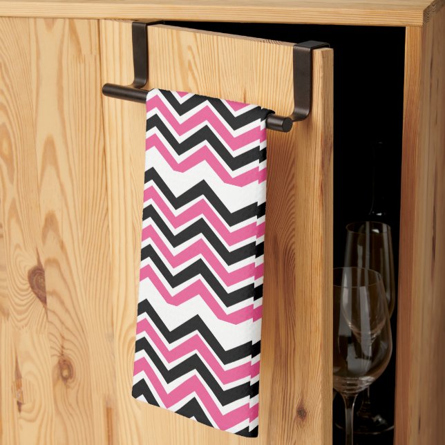 Black Pink Chevron Stripe Geometric Pattern  Tea Towel (Thirds Fold)