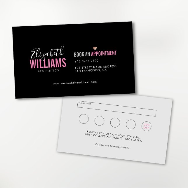 Black Pink Chic Beauty Aesthetics Loyalty & Business Card (Business card book an appointment with loyalty rewards at the back.)