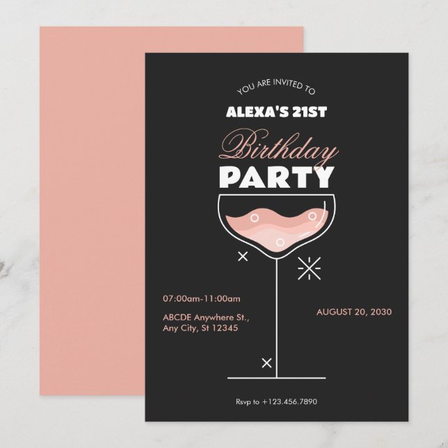 Black pink cocktail glass birthday Invitation (Front/Back)