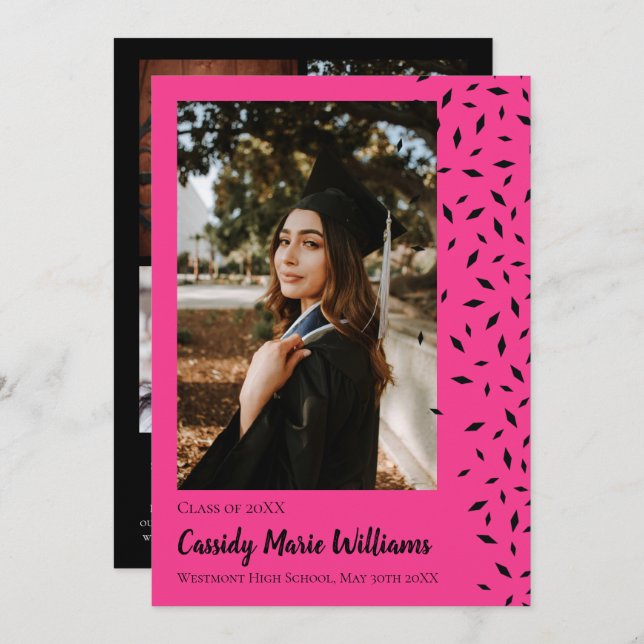 Black Pink Confetti Graduation Announcement (Front/Back)