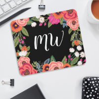 Black Pink Coral Boho Flower Frame Monogrammed