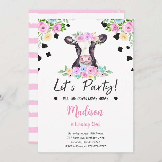Black & Pink Cow Birthday Invitation (Front/Back)