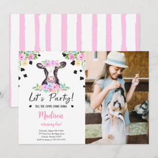 Black & Pink Cow Birthday Photo Invitation