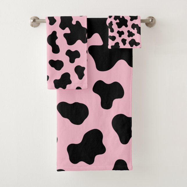 Black & Pink Cow Cowhide Print  Bath Towel Set (Insitu)