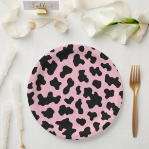 Black & Pink Cow Cowhide Print Birthday Party Paper Plate