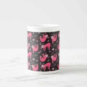 Black pink cute cartoon sloth pattern bone china mug