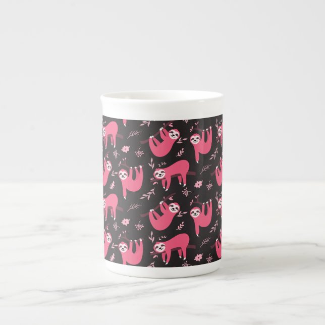 Black pink cute cartoon sloth pattern bone china mug (Front)