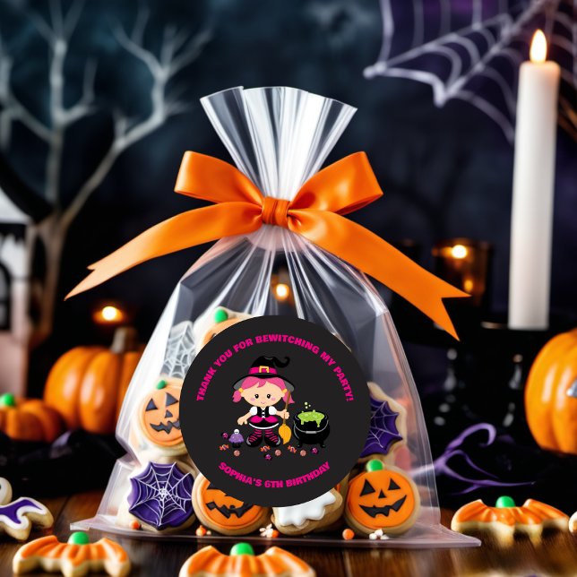 Black Pink Cute Girl Halloween Birthday Witch Classic Round Sticker (Creator Uploaded)