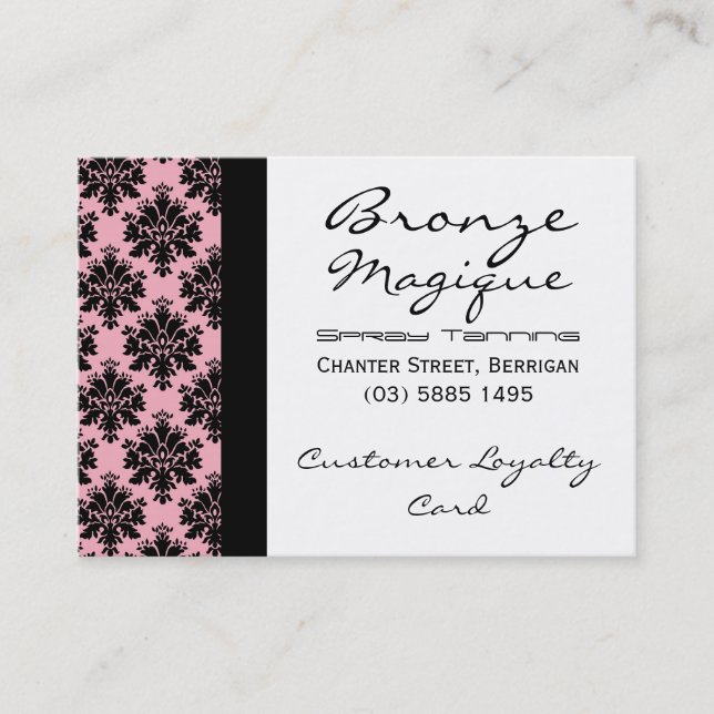 Black Pink Damask Business Customer Loyalty Cards (Front)