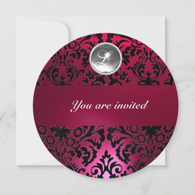 BLACK & PINK DAMASK GEM STONE MONOGRAM INVITATION (Front)